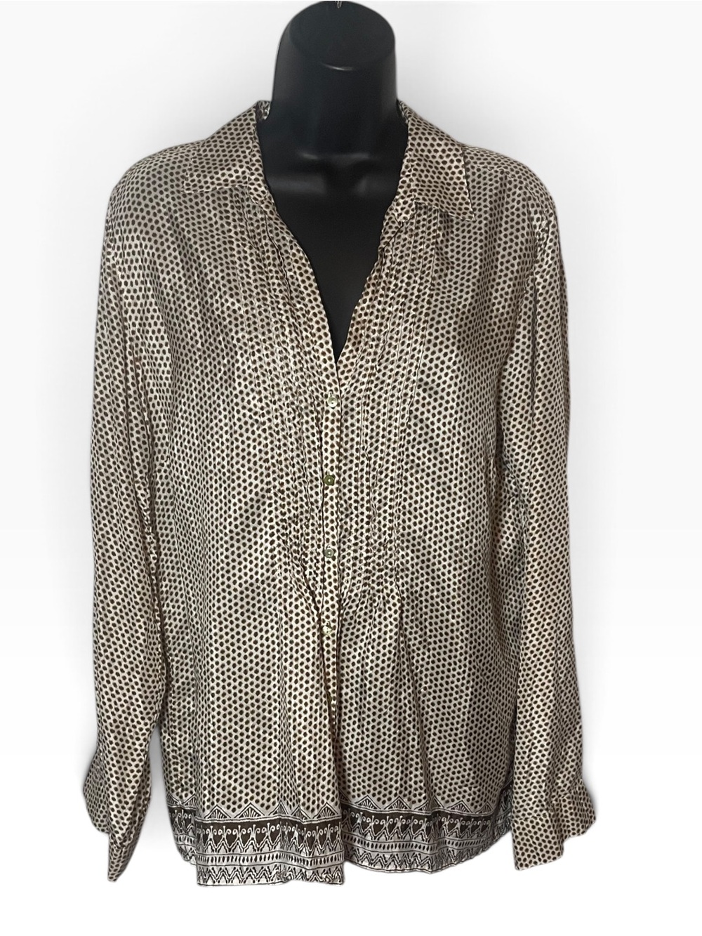 GERARD DAREL Paris 100% Silk Pintuck Polka Dot Blouse - Cream / Tan Size M